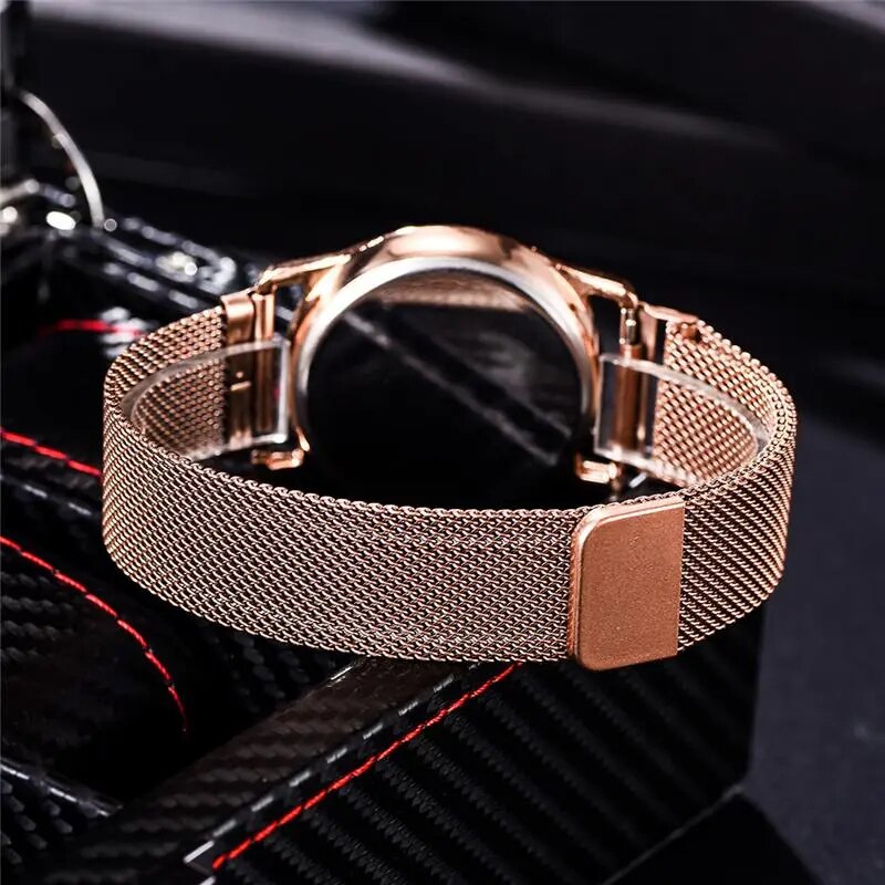 Fashion 2022 Magnetic Women Watches Rose Gold Stainless Steel Mesh Strap Ladies Electronic Wristwatches Minimalist Female Clock