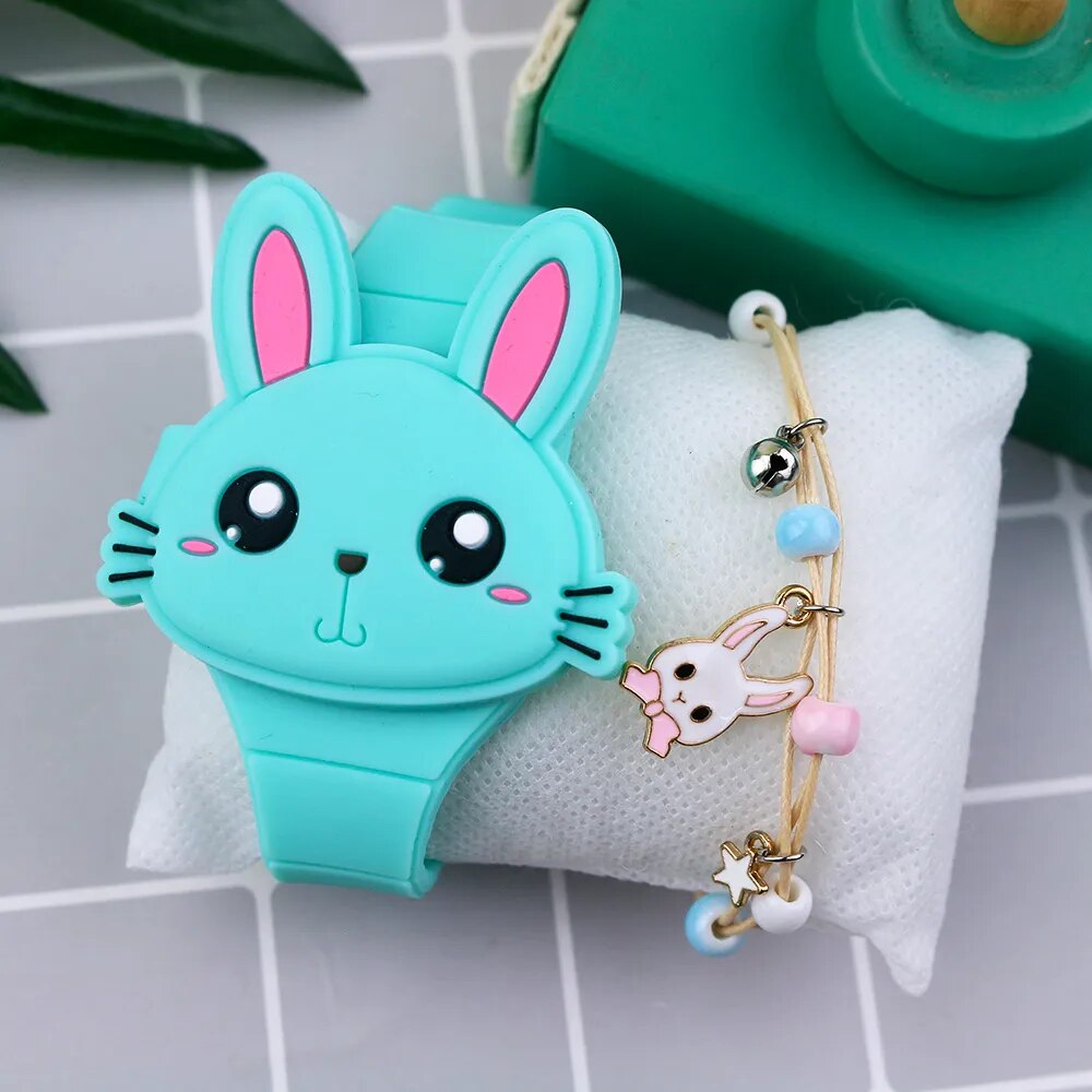 LED Cartoon Rabbit Children Watches with Bratelet Lovely Rabbit Electronic Girls Kids Watch ladies Flip Cover Students Clock